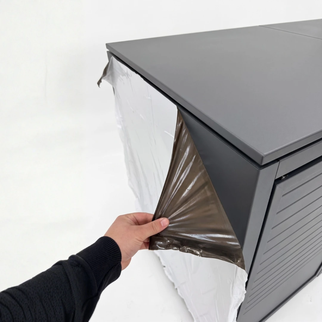 Mülltonnenbox sicher in Schutzfolie und Kantenschutz verpackt