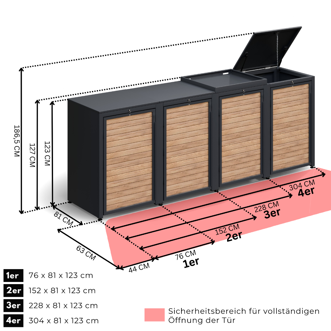 Mülltonnenbox Premium — Abmessungen Breite, Tiefe, Höhe